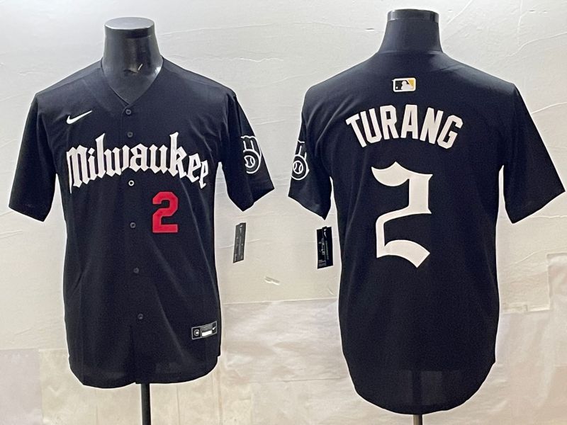 Men 2025 Milwaukee Brewers #2 Turang Black Five generations Joint Name Nike MLB Jersey style 4